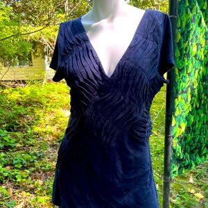 Anthropologie Deletta Blue Low V Neck Ruched Fitted Cap Sleeve Blouse L Large